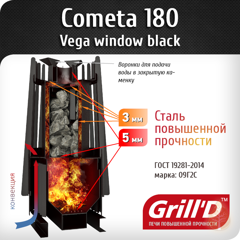 картинка Печь для бани Grill'D Cometa 180 Vega (long, black) от магазина RockWood